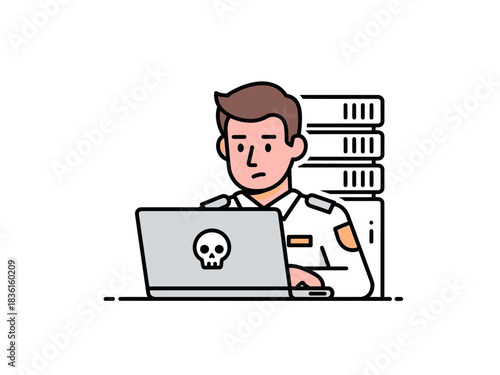 Man in uniform hacking on a laptop next to stacked servers flat illustration