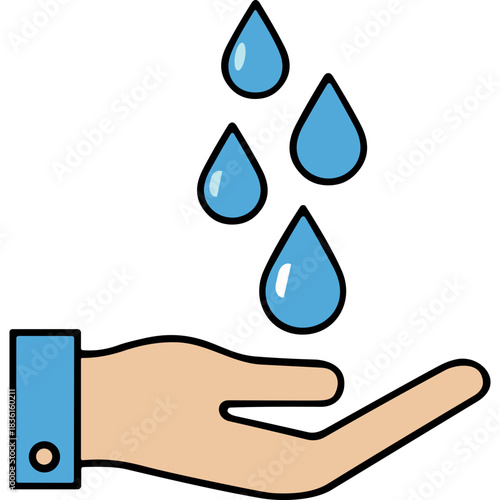 Open Palm Receives Falling Blue Water Droplets Against Black Background Flat Icon Illustration