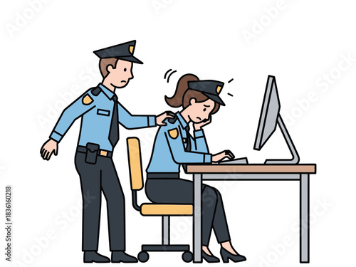 Male police officer supports stressed colleague at a desktop computer flat illustration