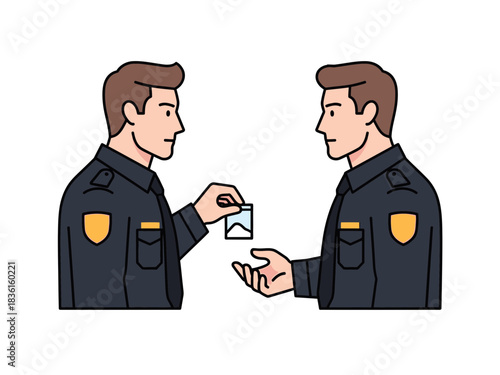 Law enforcement officers exchanging drug evidence sample flat illustration