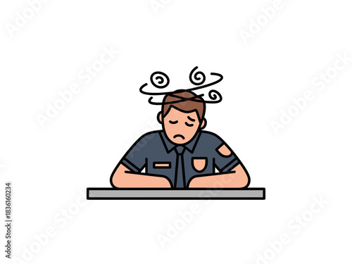 Overworked police officer experiencing dizziness or vertigo while sitting flat illustration