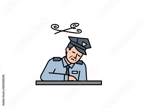 Police officer sleeping while slumped over a desk flat illustration