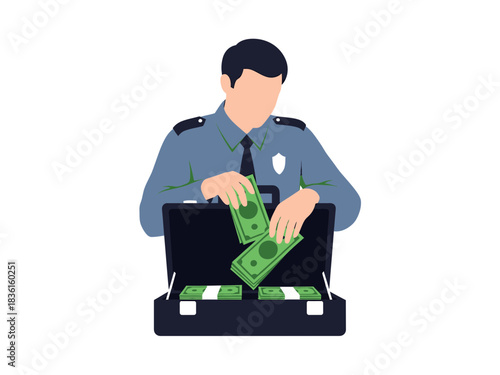 Police officer taking cash money out of an open briefcase flat illustration