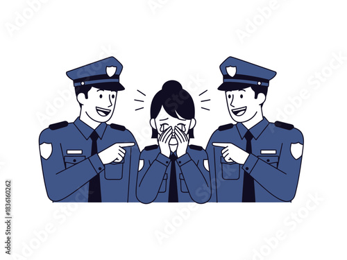 Policemen pointing and mocking a distressed female officer flat illustration