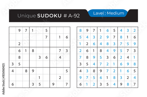 Sudoku puzzle with answer. Vector puzzle game with numbers for kids and adults. 9x9 sudoku Illustration on white background.