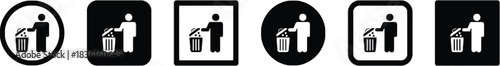 recycle, bin, trash, garbage, waste, disposal, icon, symbol, silhouette, person, man, woman, circle, square, rounded square, black, white, graphic, design, clean, environment, collection, set