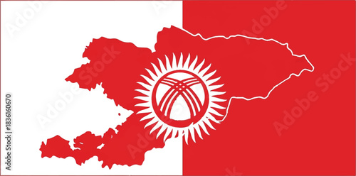 Flag of Kyrgyzstan with its map overlaid, featuring the red field and yellow sun with tunduk symbol.
