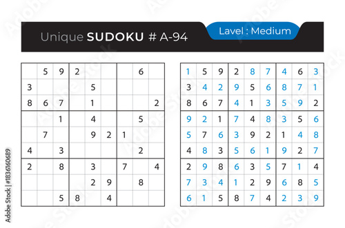 Sudoku puzzle with answer. Vector puzzle game with numbers for kids and adults. 9x9 sudoku Illustration on white background.