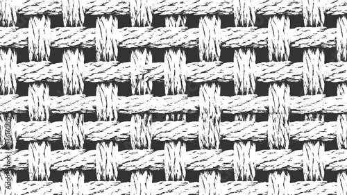 Black and white abstract woven texture pattern with rough wood grain effect background
