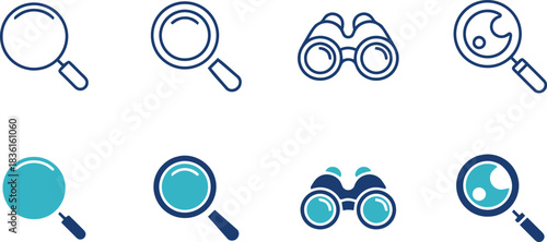 magnifying glass, search, find, explore, discover, research, investigation, analysis, zoom, binoculars, optics, vision, view, observation, icon, symbol, graphic, design, element, set, collection, outl