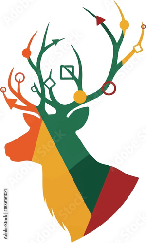 A stylized deer head with segmented colorful body and green antlers adorned with geometric shapes and arrows, on a white background.