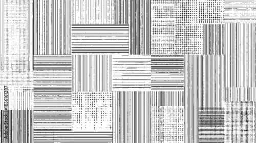 Black and white abstract geometric pattern with vertical and horizontal lines and dotted textures vector