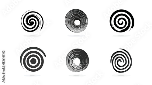 Dynamic collection of six abstract black and white spiral and swirl shapes. Artistic graphic design elements, concentric vortex icons.