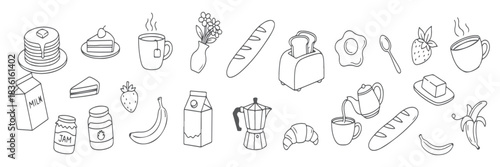 Hand Drawn Breakfast Food Doodle Vector Set, Outline Sketch Collection.