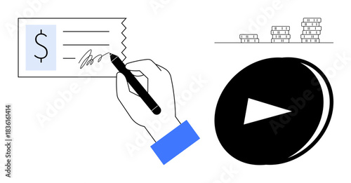Financial literacy, online banking, investment planning, modern payment systems, digital transactions, savings management. A hand signs a check, play button and coin stacks. Financial literacy