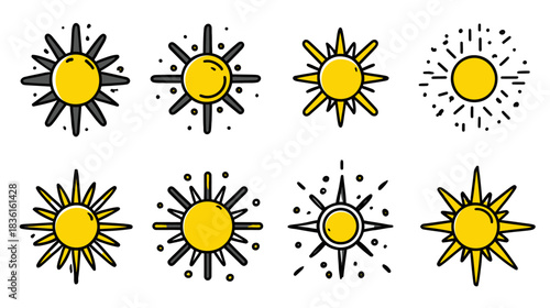 Collection of diverse stylized sun icons and sunshine symbols. Bright summer weather and warm sunny day vector illustrations.