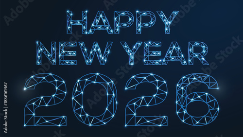 Happy new year 2026. Vector low-poly image consisting of points and shapes in the form of stars and space.