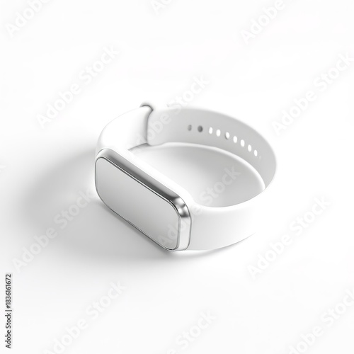 A white fitness tracker with a silver faceplate lying on a white surface in a studio setting