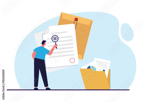 Man with a magnifying glass in his hand stands near a document. Stock illustration.