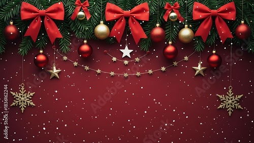 Festive christmas background with ornaments stars and snow on a deep red backdrop for holiday cheer