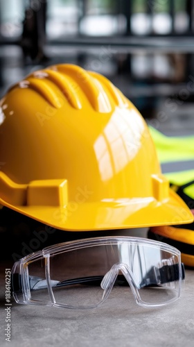 Safety equipment for construction workers placed on the floor with a high-visibility jacket in the background, showcasing industry standards and practices