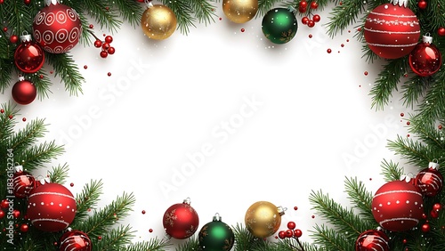 Festive christmas background with ornaments and pine branches creating a frame for holiday designs