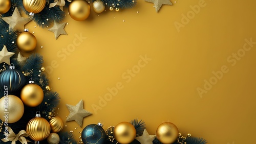 Festive christmas background with gold ornaments stars and fir branches on a golden yellow backdrop