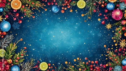Festive christmas background with ornaments berries citrus and snowflakes for holiday designs