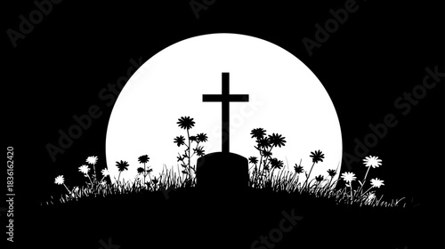 Christian Cross Silhouette on Gravestone with Wildflowers Against Bright Circle on Dark Night. Symbol of Remembrance & Death