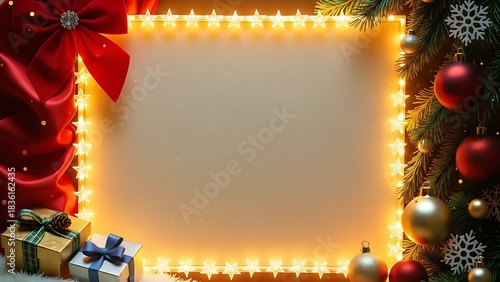 Festive christmas frame with gifts ornaments and a red bow for holiday greetings card design