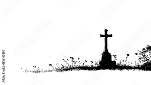 Somber silhouette of a single gravestone cross against a stark white background, depicting themes of remembrance and loss.