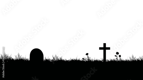 Mysterious Graveyard Silhouette with Tombstone and Cross on Grassy Ground, Symbolizing Death, Remembrance, and Loss