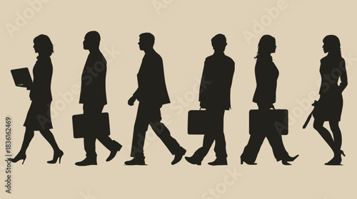 Business people silhouettes walking with briefcases and documents, symbolizing corporate movement, teamwork, and professional success.