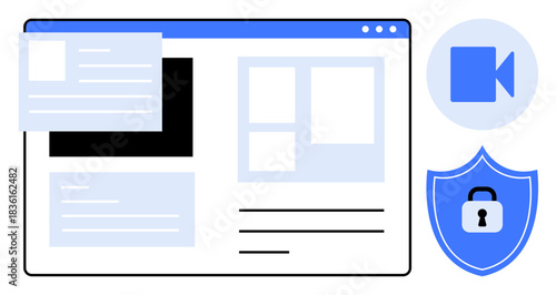 Digital security, user interface, video chat, online protection, remote work, modern communication. Web interface layout with video icon and shield symbol. Digital security and user interface concept
