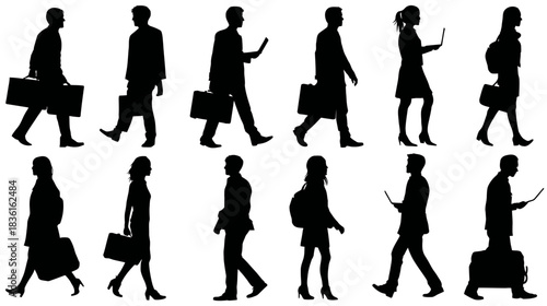 Diverse professional people silhouettes walking, men and women commuting with briefcases and digital devices, isolated on white.