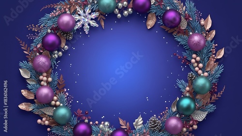 Festive christmas wreath with ornaments and pinecones on a blue background for holiday celebrations