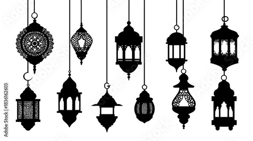 Collection of beautiful ornate hanging Arabic and Islamic lamp silhouettes, elegant decorative lanterns for festive design elements