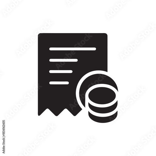 Restaurant bill and coins icon black and white vector illustration for payment receipt and dining cost