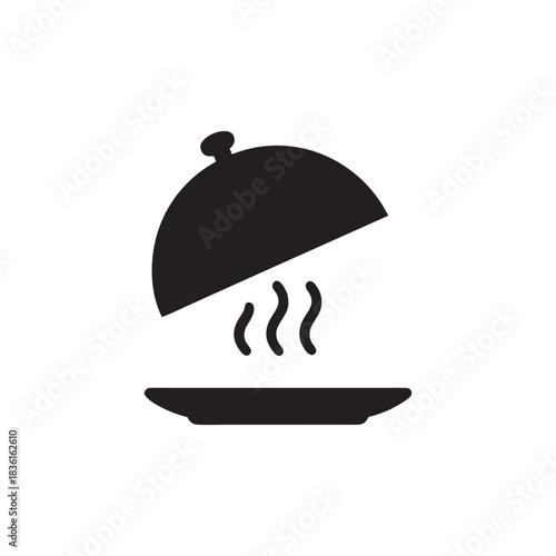 Black and white restaurant cloche icon with hot dish steam minimalist food serving vector illustration