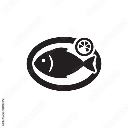 Black and white fish on plate with lemon slice icon for seafood restaurant menu and logo