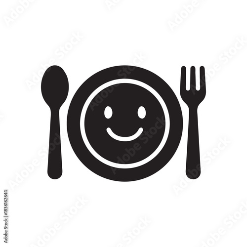 Happy face plate with spoon and fork black and white restaurant food icon vector illustration