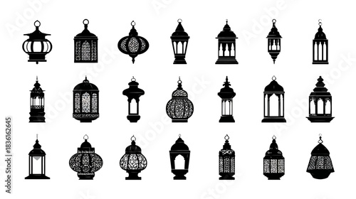 Elegant collection of Arabic and Islamic style lantern silhouettes. Decorative vintage lamps set for Ramadan, Eid, and Middle Eastern design.