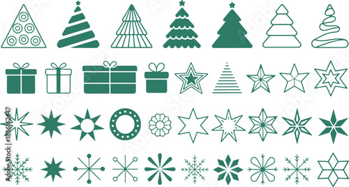 Collection of christmas trees snowflakes and gift boxes green and stoke outline design merry christmas