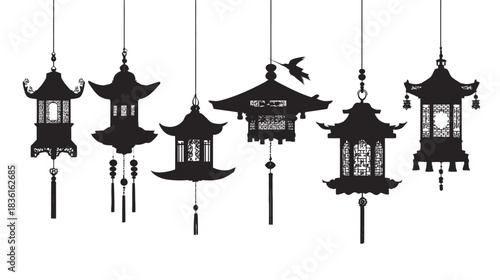 Elegant set of traditional Asian hanging lanterns in silhouette style. Decorative Chinese and Japanese vector illustration.