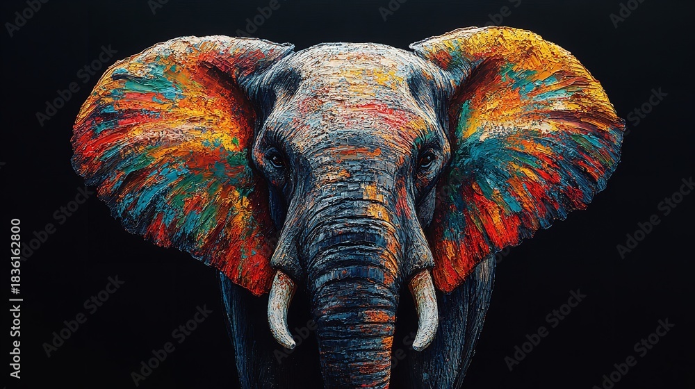 Obraz premium Vibrant Abstract Elephant Portrait With Multicolor Textured Ears Impasto Brushstroke Style Painting