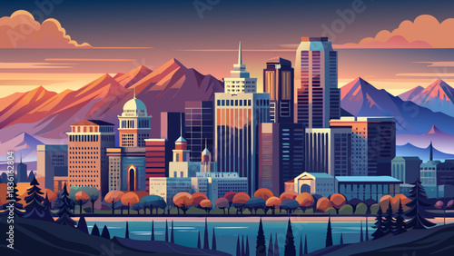 Very beautiful panoramic view of Salt Lake City, Utah, showcasing a modern skyline framed by mountain silhouettes under a clear, glowing sky, with soft evening light enhancing the city's serene urban 