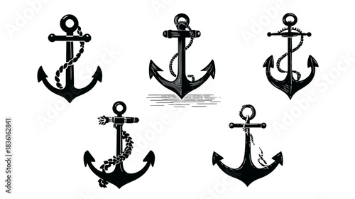 Set of Black Anchor Silhouettes with Chains. Nautical, Maritime, and Sea Travel Symbols Isolated on White Background.