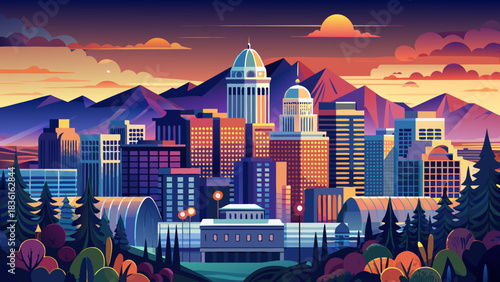 Very beautiful panoramic view of Salt Lake City, Utah, showcasing a modern skyline framed by mountain silhouettes under a clear, glowing sky, with soft evening light enhancing the city's serene urban 