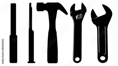 Collection of black hand tools silhouettes: hammer, adjustable wrench, open-end wrench, and chisels, isolated on white for repair and construction projects
