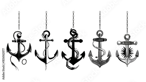 Vintage Nautical Anchor Set with Chains. Hand-drawn collection of classic maritime boat symbols and marine voyage icons.